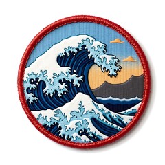 Embroidered ocean wave patch with sunset background