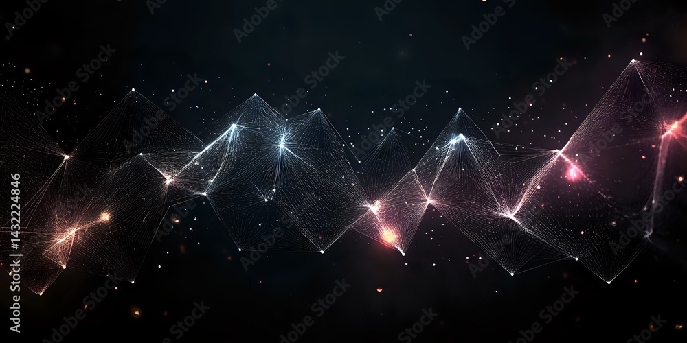 Poster abstract digital network visualization with glowing geometric lines and dots forming mountain-like p