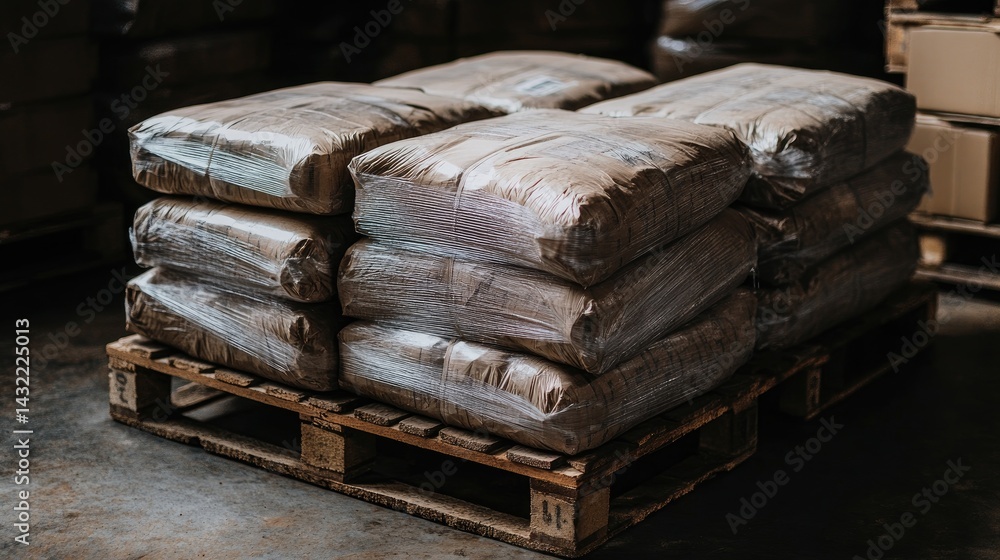 Poster neatly labeled and shrink-wrapped export packages stacked on a wooden pallet in storage