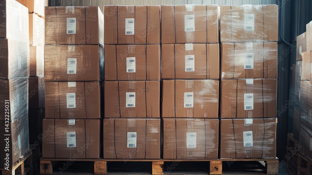 Poster neatly labeled and shrink-wrapped export packages stacked on a wooden pallet in storage