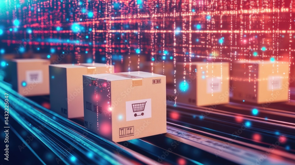 Poster neatly labeled cardboard boxes moving along an automated sorting conveyor system