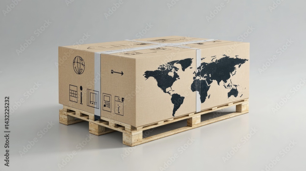 Poster Neatly packed boxes on a pallet with global shipping symbols and directions