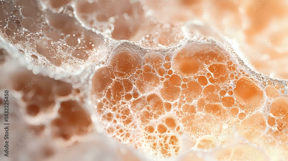 Poster macro photography of orange and white foam bubbles creating abstract organic pattern with soft bokeh