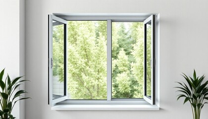 Modern window overlooking a lush green garden