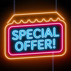 Neon sign hanging by chains announces Special Offer! in bright blue and pink against a dark wooden backdrop.