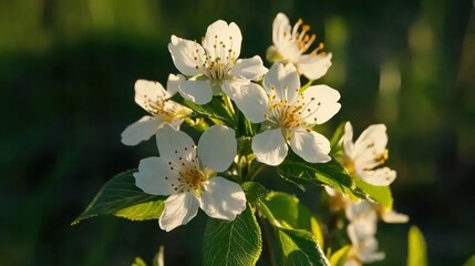 Delicate white blossoms in soft sunlight.