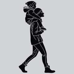 Mom with child on shoulders image silhouette design vector art and illustration	