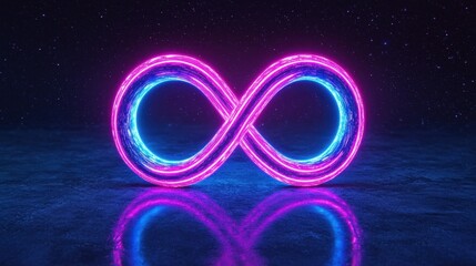 Vibrant Neon Infinity Symbol on Dark Background with Sparkling Stars for Abstract and Futuristic Concepts