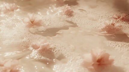 Obraz premium Delicate pink flowers float in a bath of bubbly water.