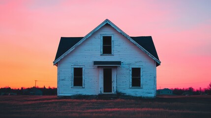 Obraz premium Abandoned white house at sunset with vibrant sky showcasing hues of pink and orange in rural landscape