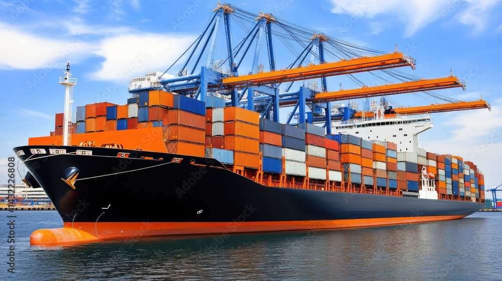 Poster portside view of container ship docked and being loaded with industrial cranes