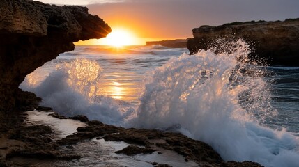 Fototapeta premium Dramatic sunset over crashing waves at coastal rock formations