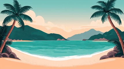 Obraz premium Serene Tropical Beach Landscape with Palm Trees and Mountains Under a Calm Sky at Sunrise