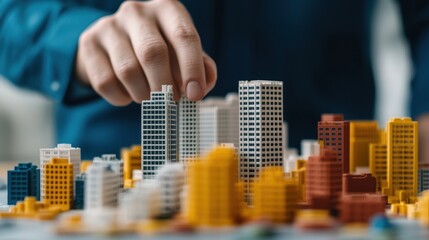 Creative Model Construction with Miniature City and Hand Placing Tall Buildings in Urban Planning Concept