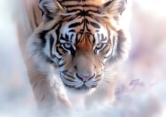 Obraz premium Majestic tiger face emerging from soft misty background, intense blue eyes and detailed fur texture create dramatic wildlife portrait for nature publications.