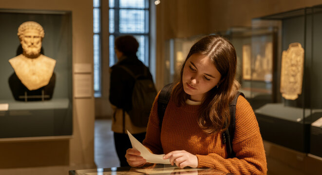 Young caucasian female examining ancient artifacts in a museum