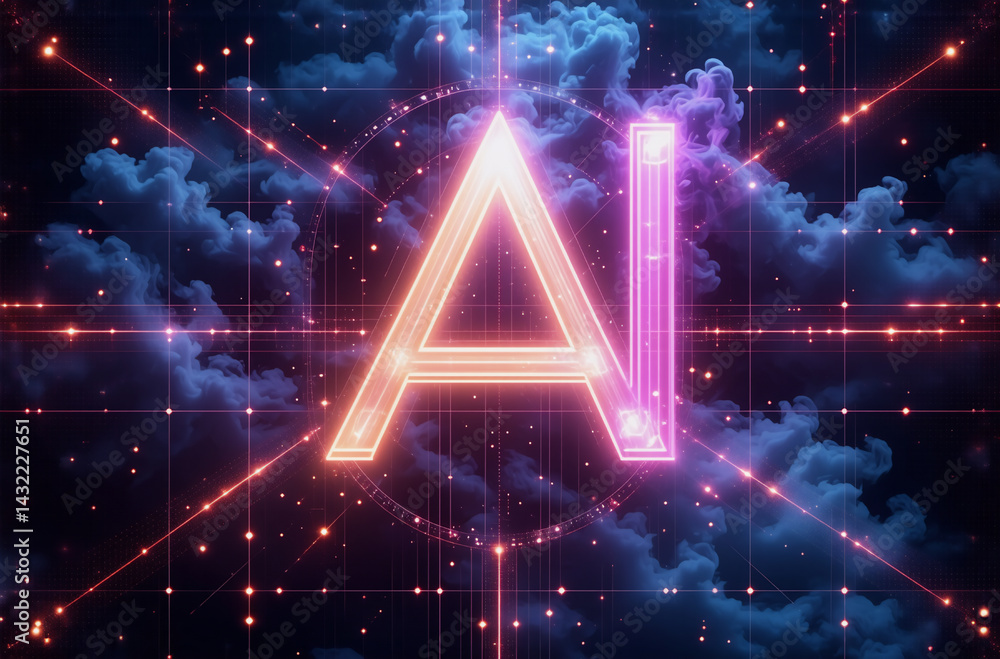 Poster neon ai letters glow brightly against a dark cloudy sky with digital lines and dots creating a grid.