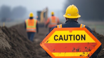 Fototapeta premium Construction Worker in Safety Gear Holding Caution Sign at Worksite with Heavy Machinery in Background