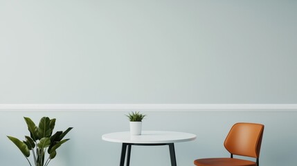 Modern Minimalist Interior with Green Plant, Round Table, and Orange Chair against Light Blue Wall