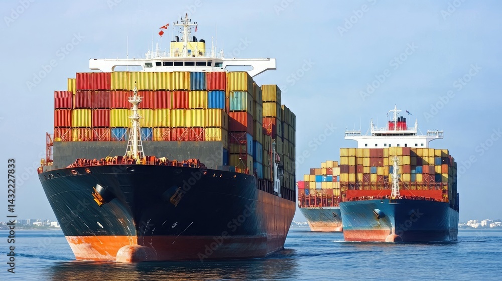 Poster shipping channel traffic with multiple cargo ships passing in opposite directions