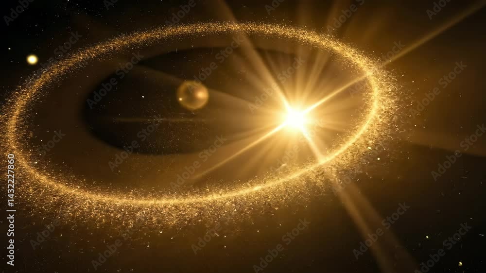 Poster glowing cosmic dust ring surrounding bright star in deep space with sparkling light effect and shimm