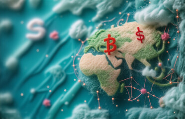 An artistic interpretation of global finances, where currencies and digital tokens interact across continents, with network connections symbolized. The world map serves as the focal point, highlightin