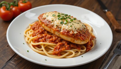 Fototapeta premium Food Catering: Chicken Parmesan on Bucatini Pasta