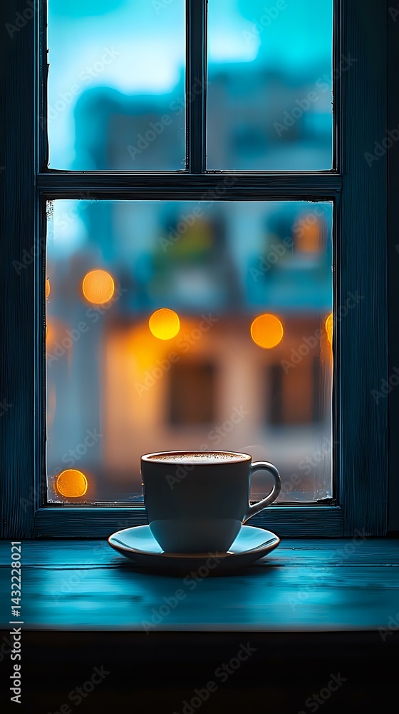 Aufkleber cup of coffee on windowsill at dusk with blurred city lights creating bokeh effect through window gl