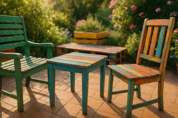 Obraz premium Colorful wooden patio chairs and table in a sunny garden setting