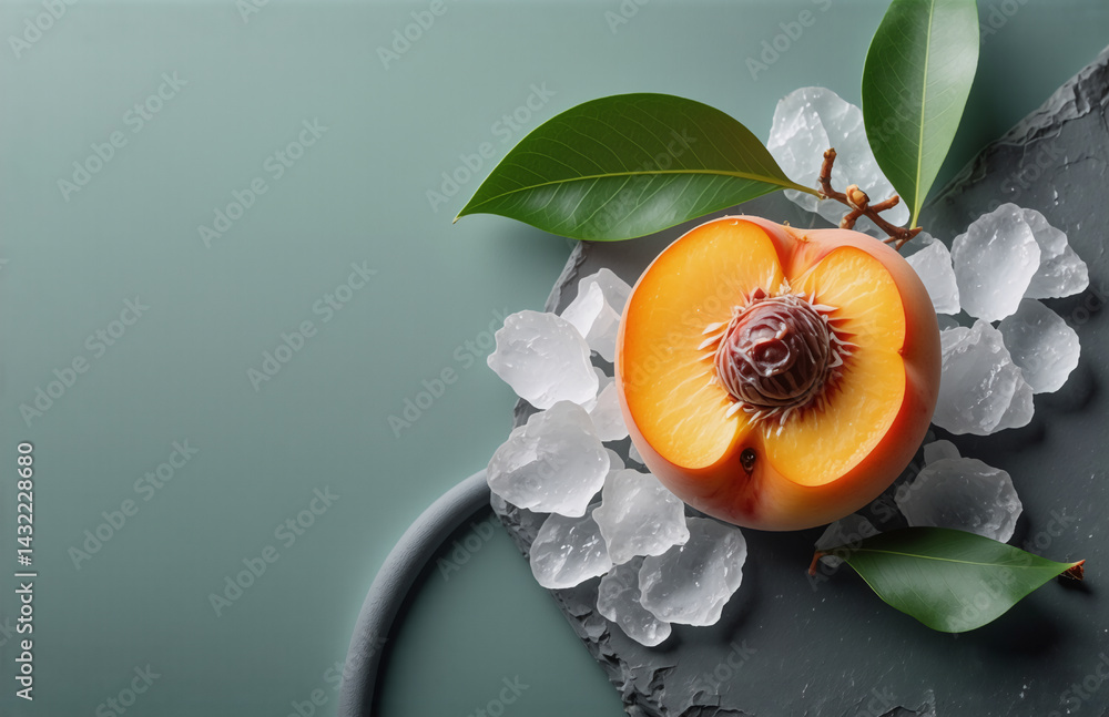 Poster a halved peach with a pit is placed on ice cubes with green leaves, creating a refreshing and natura
