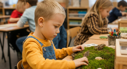Young caucasian children engaged in classroom activity with nature-themed project