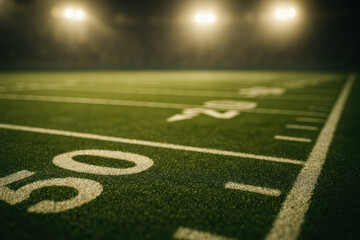 Illuminated football field at night with yard lines under stadium lights