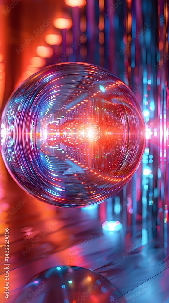 Poster glowing sphere with neon red and blue light trails creating futuristic tunnel effect against dark ba