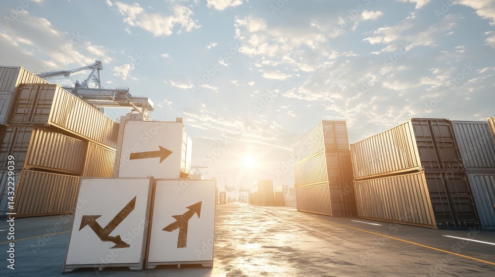 Poster stacked containers with arrows and export labels at a busy seaport terminal