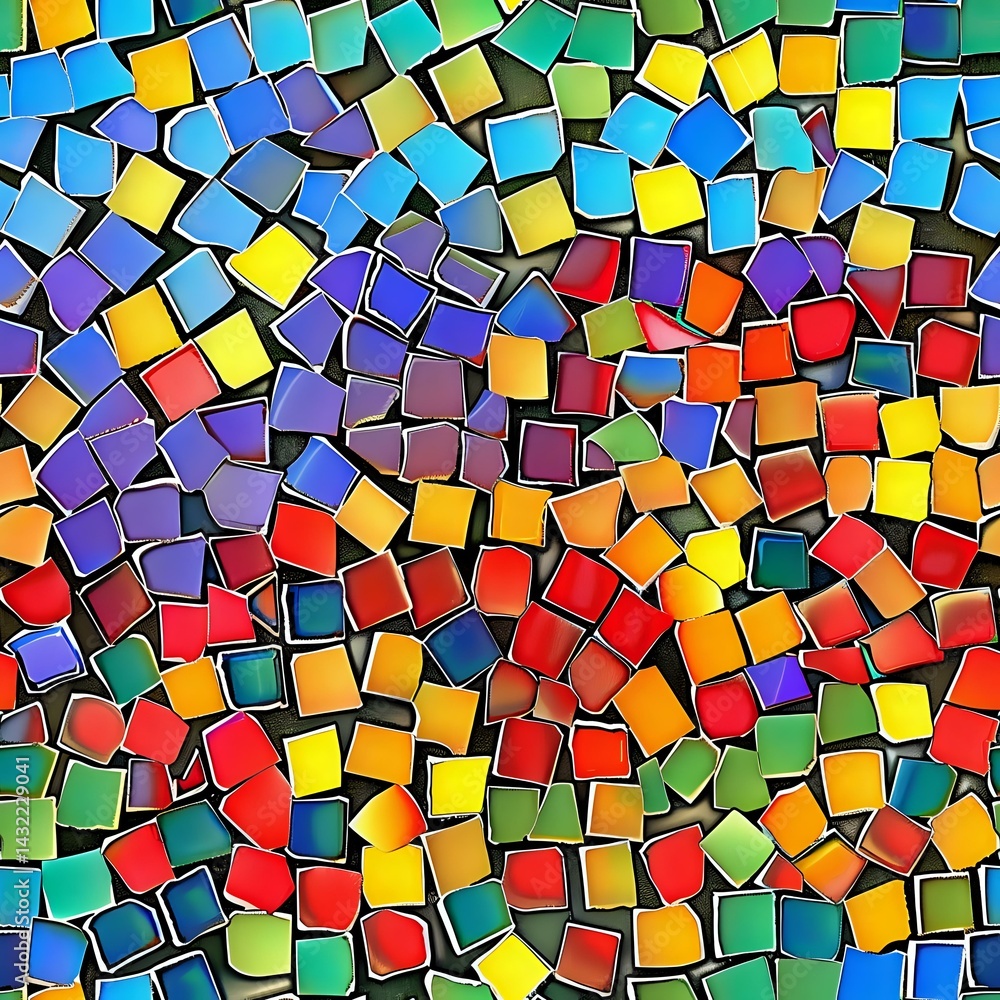 Poster vibrant mosaic pattern of colorful square tiles arranged in random layout creates dynamic abstract b