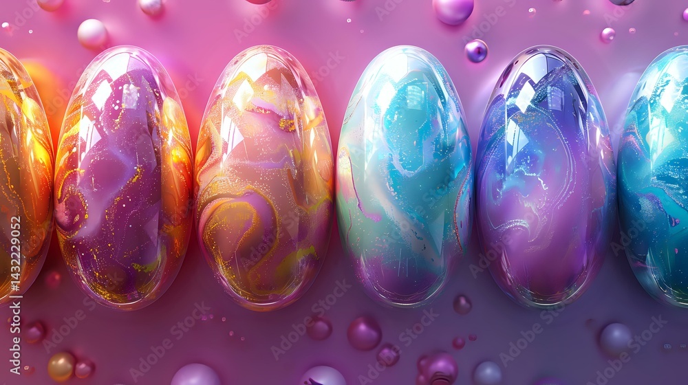 Poster colorful glossy easter eggs with marble effect and golden swirl patterns arranged in row on pink and
