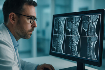 Focused doctor analyzing spinal mri scans on computer in medical facility