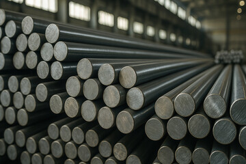Industrial steel rods stacked in warehouse interior, highlighting metal industry trends and material strength