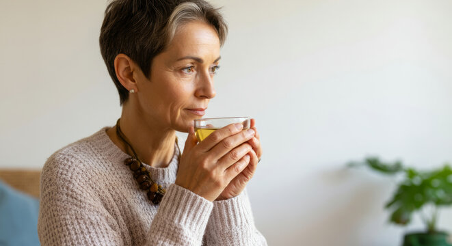 Elderly caucasian female enjoying herbal tea in peaceful setting - Powered by Adobe