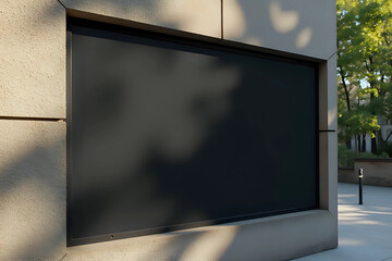 Fototapeta premium Close up of empty black poster on concrete building. Trees and sunlight in the background. Mock up
