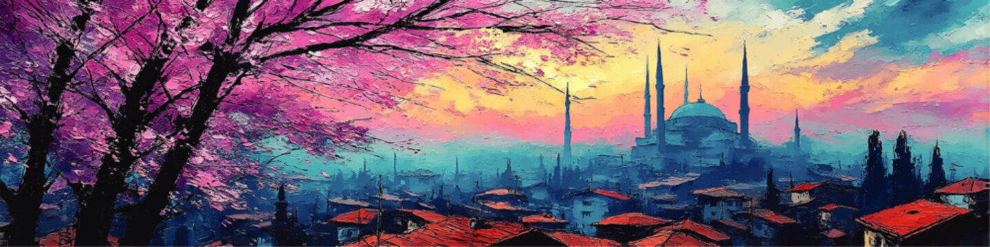 Vibrant Spring Sunrise Over Istanbul Skyline with Cherry Blossoms and Historic Mosque &ndash; Colorful Digital Oil Painting Art