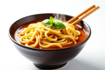 Steaming bowl of ramen noodles, chopsticks, white background, broth, spicy, vibrant