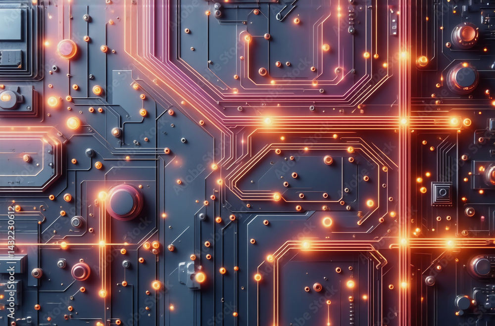 Poster futuristic circuit board design with glowing orange pathways. intricate network of connections and c