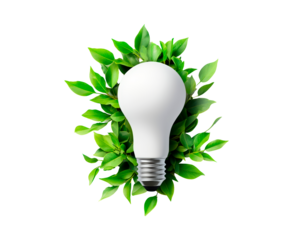 Green energy concept featuring a light bulb surrounded by green leaves isolated on transparent background