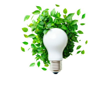 Light bulb surrounded by green leaves representing eco-friendly energy solutions isolated on transparent background