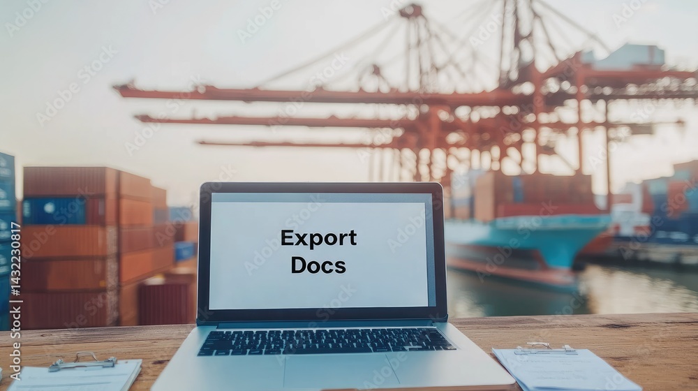 Poster workspace featuring a file marked export docs and visible trade documents