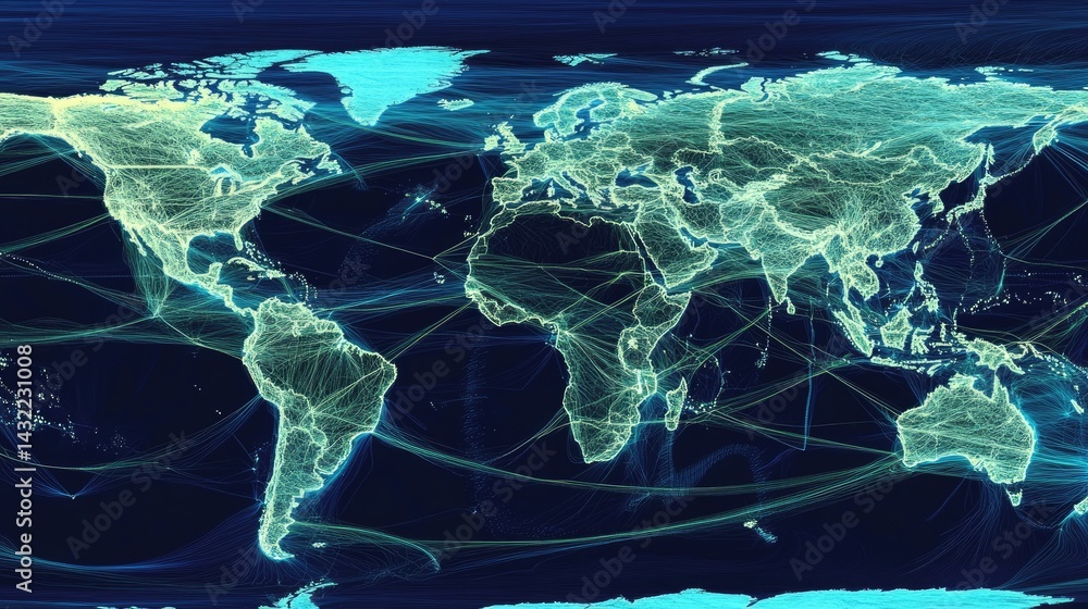 Poster world map with glowing lines connecting continents, symbolizing global shipping routes