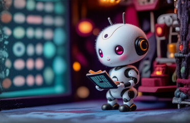 Obraz premium A charming robot studies a glowing screen in a detailed futuristic setting, hinting at a learning and data processing theme. The robot's face suggests curiosity. The scene features rich colors.
