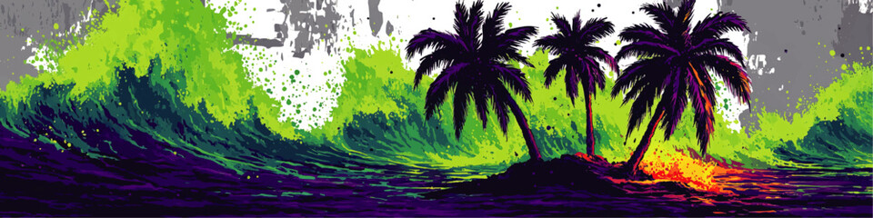 Vibrant Tropical Island with Palm Trees and Abstract Neon Waves – Colorful Vector Art for Creative Design Projects