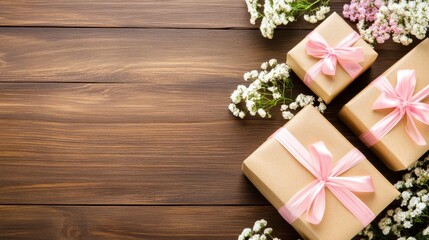 Elegant Gift Boxes with Pink Ribbons and Flowers on Wooden Background